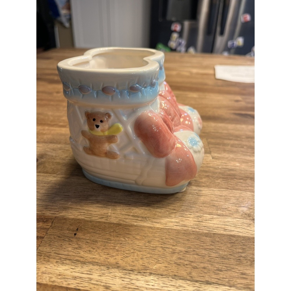 Vintage Ceramic Baby Shoes Planter Pink Blue Bears And How's Unisex